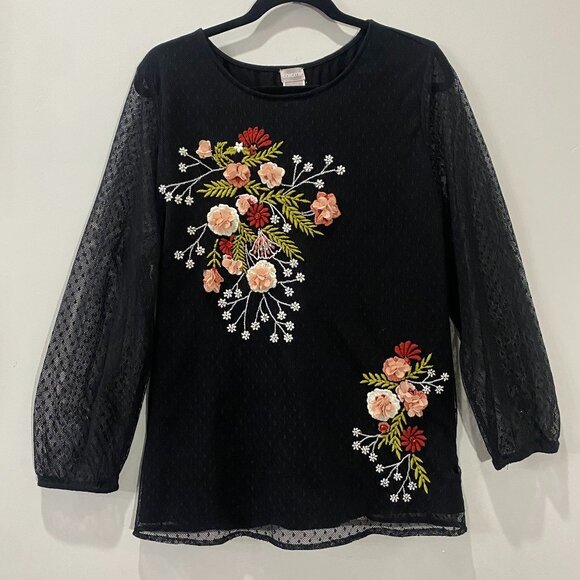 Chico's Top Women's Size 3 (16-18) Black Floral Embroidery Sheer Long Sleeves‎ - Picture 3 of 9